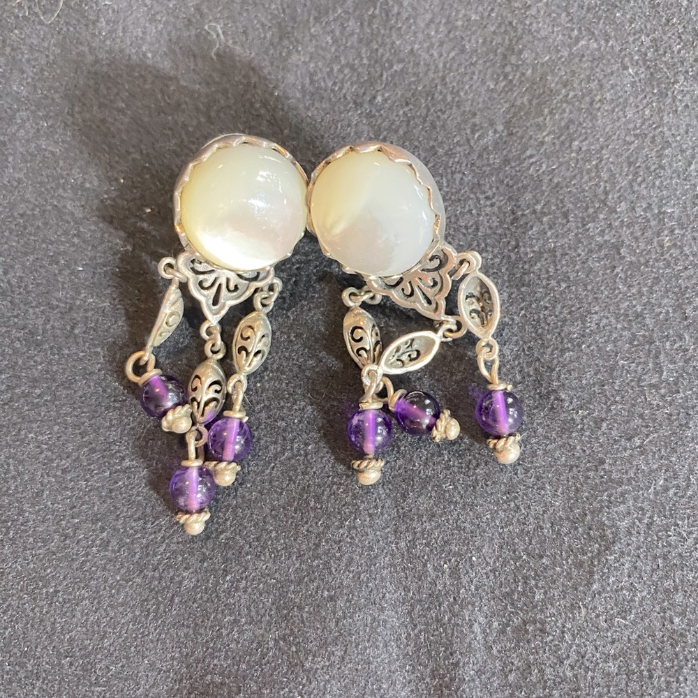 Vintage Sterling Silver Filigree Earrings Mo Pearl Amethyst Drops Hallmarked - Picture 2 of 6